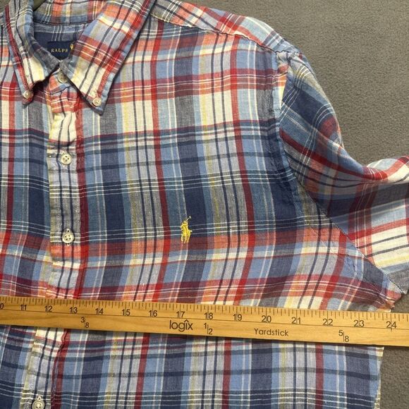 Ralph Lauren 100% Linen Plaid Button Down Shirt S/S Mens L Red White Blue Preppy - Picture 7 of 7